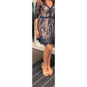 navy and nude lace cocktail dress